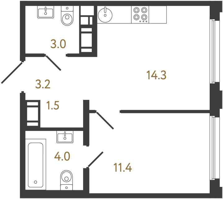 Однокомнатная квартира №754 в ЖК Гений - 37.4 м²  - №2