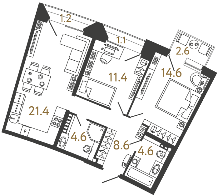 Двухкомнатная квартира №63 в ЖК Цвет Зеленогорска - 65.2 м²