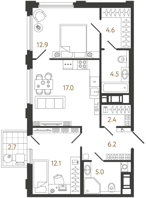 Двухкомнатная квартира №829 в ЖК Гений - 64.7 м²