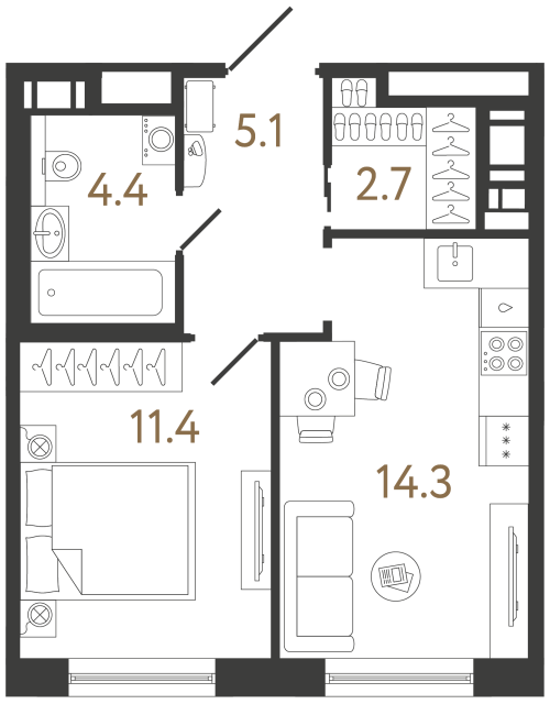 Однокомнатная квартира №29 в ЖК Передвижники 2 - 37.9 м²