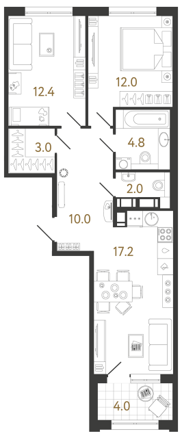 Двухкомнатная квартира №416 в ЖК Струны - 61.4 м²