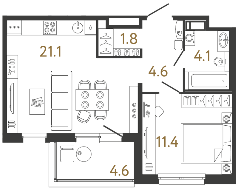 Однокомнатная квартира №189 в ЖК Передвижники - 43 м²