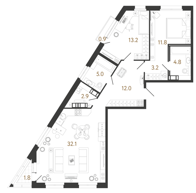 Двухкомнатная квартира №103 в ЖК Куинджи - 85 м²
