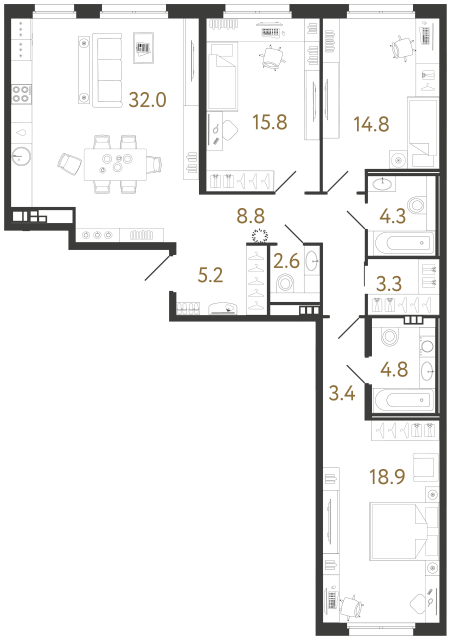 Трёхкомнатная квартира №72 в ЖК Визионер - 113.9 м²