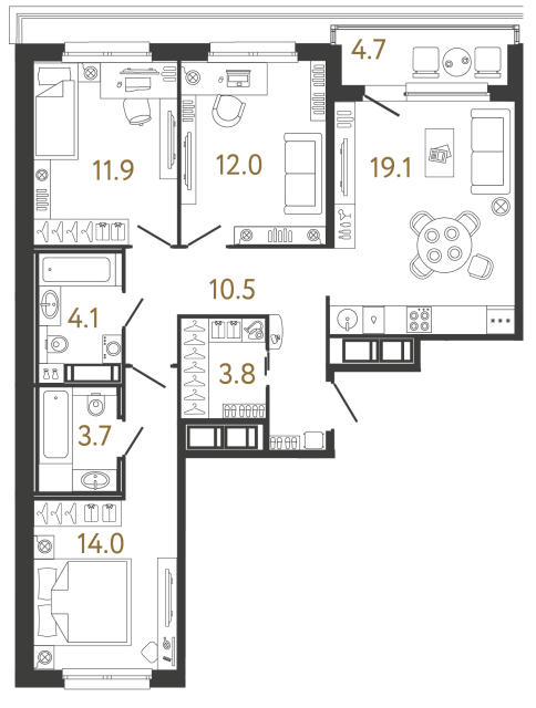 Трёхкомнатная квартира №162 в ЖК Передвижники - 79.1 м²