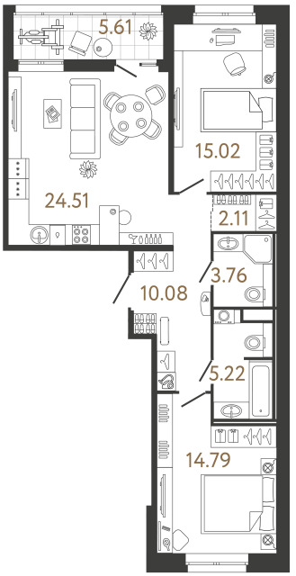 Двухкомнатная квартира №715 в ЖК Ultra City 3 - 75.49 м²