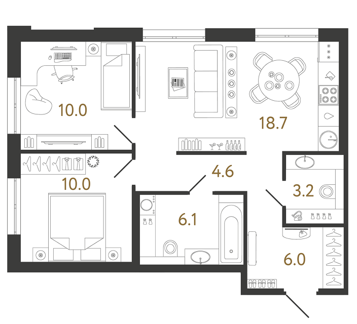 Двухкомнатная квартира №360 в ЖК Струны - 58.6 м²