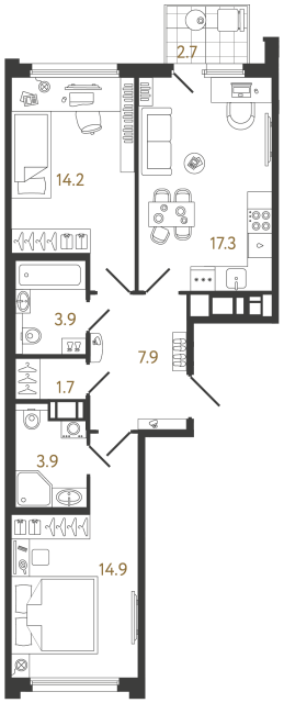 Двухкомнатная квартира №1126 в ЖК Гений - 63.8 м²