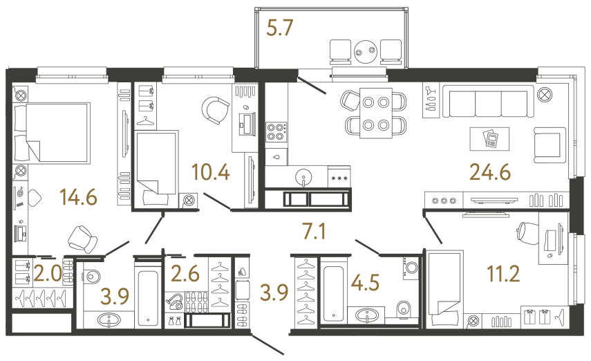 Трёхкомнатная квартира №256 в ЖК Передвижники - 84.8 м²