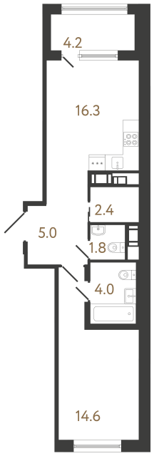 Однокомнатная квартира №24 в ЖК Передвижники 2 - 44.1 м²  - №2