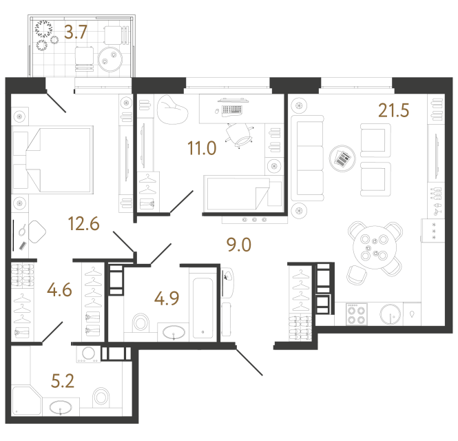 Двухкомнатная квартира №463 в ЖК Куинджи - 68.8 м²