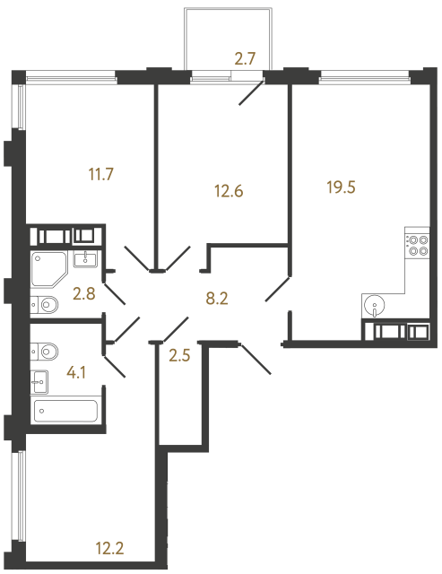 Трёхкомнатная квартира №551 в ЖК Гений - 73.6 м²  - №2
