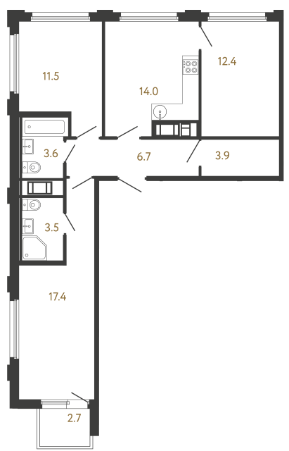 Трёхкомнатная квартира №69 в ЖК Гений - 73 м²  - №2