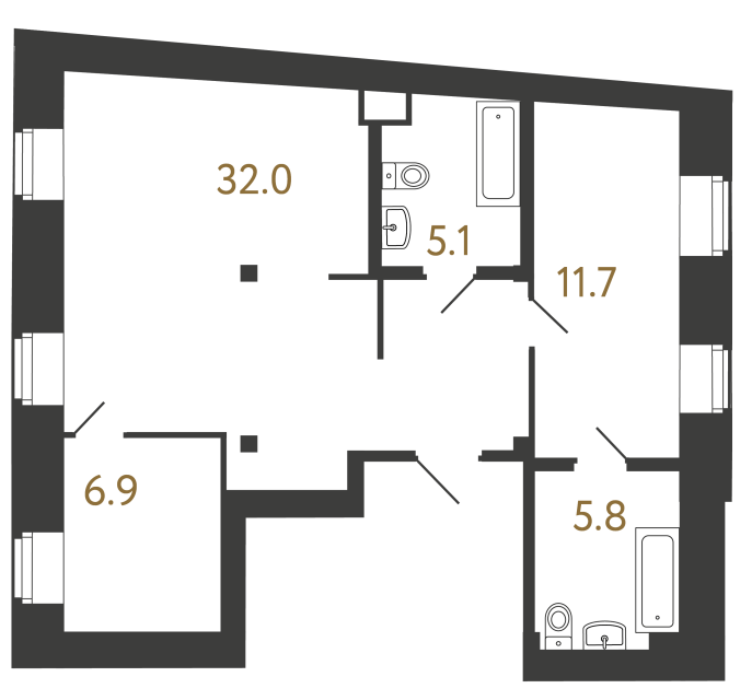 Двухкомнатные апартаменты №101 в ЖК Типография - 61.5 м²  - №2