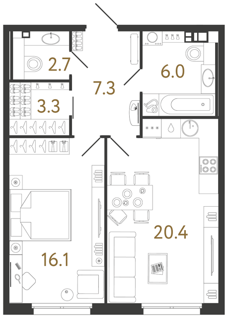 Однокомнатная квартира №169 в ЖК Визионер - 55.8 м²