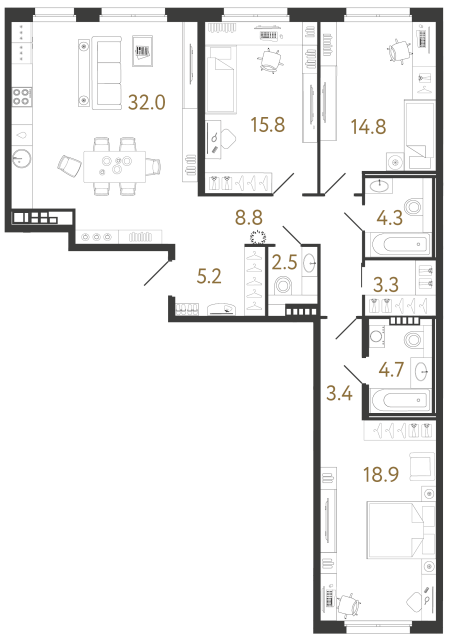 Трёхкомнатная квартира №82 в ЖК Визионер - 113.7 м²