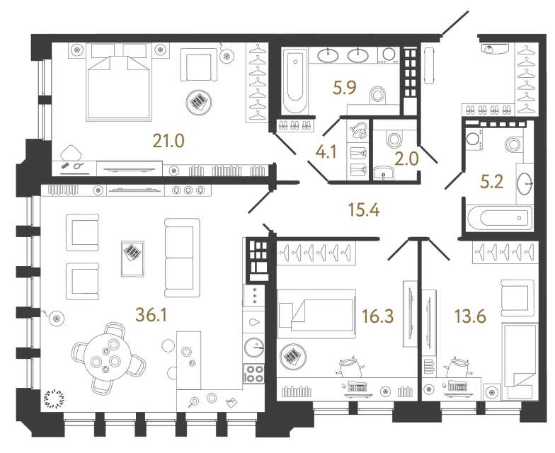 Трёхкомнатная квартира №62 в ЖК Коллекционер - 119.6 м²