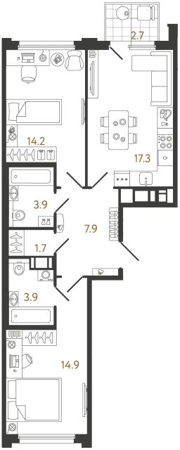 Двухкомнатная квартира №1141 в ЖК Гений - 63.8 м²