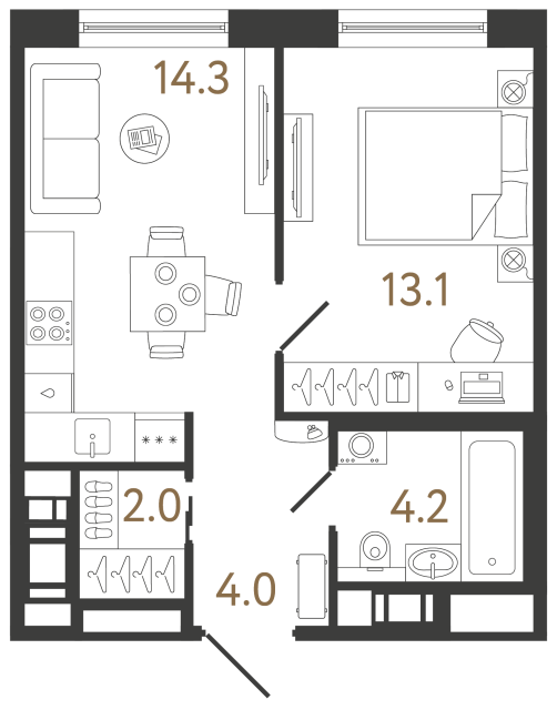 Однокомнатная квартира №45 в ЖК Передвижники 2 - 37.6 м²