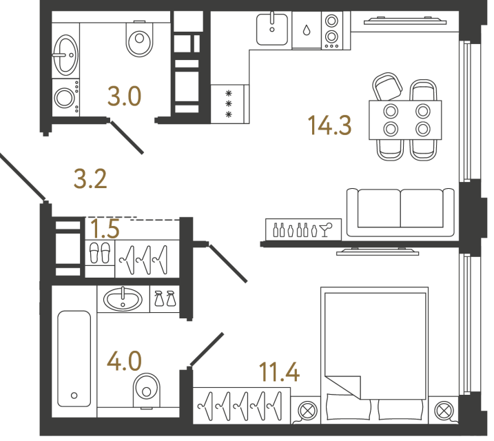 Однокомнатная квартира №785 в ЖК Гений - 37.4 м²