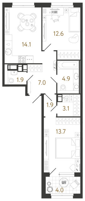 Двухкомнатная квартира №890 в ЖК Струны 2 оч. - 59.2 м²