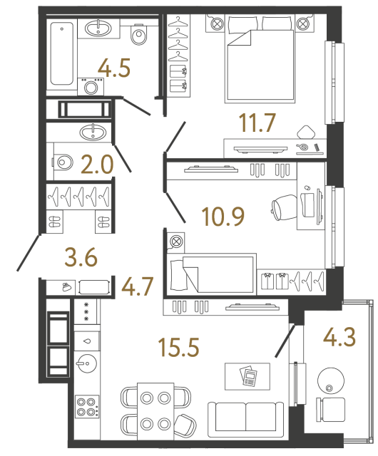 Двухкомнатная квартира №351 в ЖК Передвижники - 52.9 м²