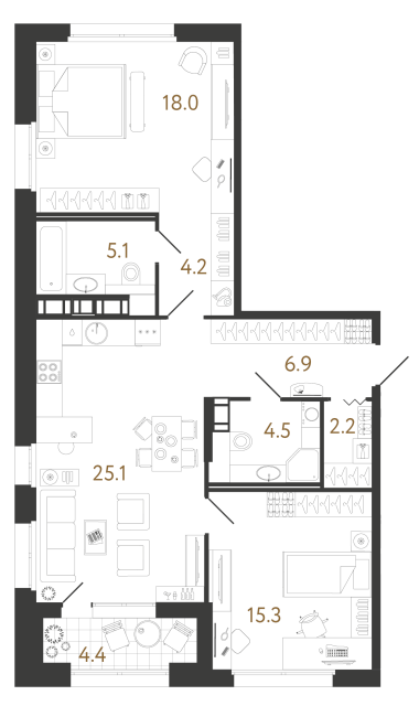 Двухкомнатная квартира №576 в ЖК Куинджи - 81.3 м²