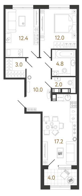Двухкомнатная квартира №391 в ЖК Струны - 61.4 м²