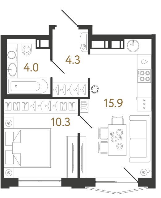 Однокомнатная квартира №334 в ЖК Струны - 34.5 м²