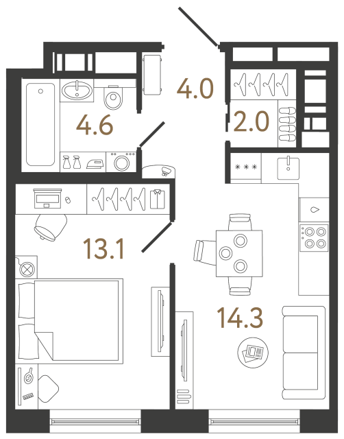 Однокомнатная квартира №330 в ЖК Передвижники 2 - 38 м²