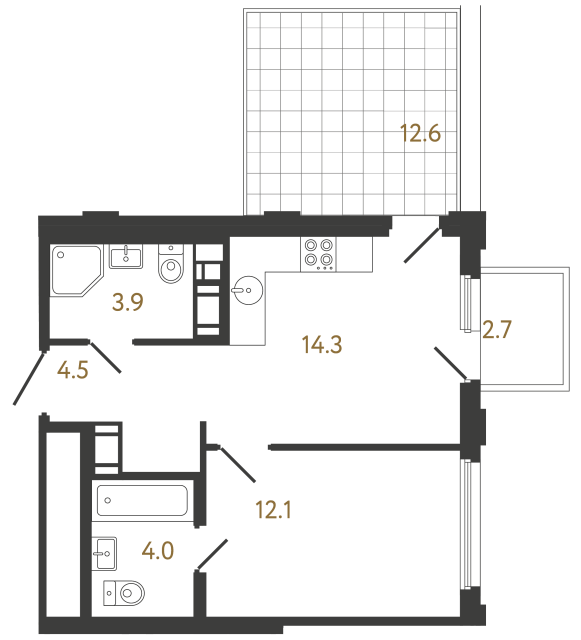 Однокомнатная квартира №337 в ЖК Гений - 38.8 м²  - №2