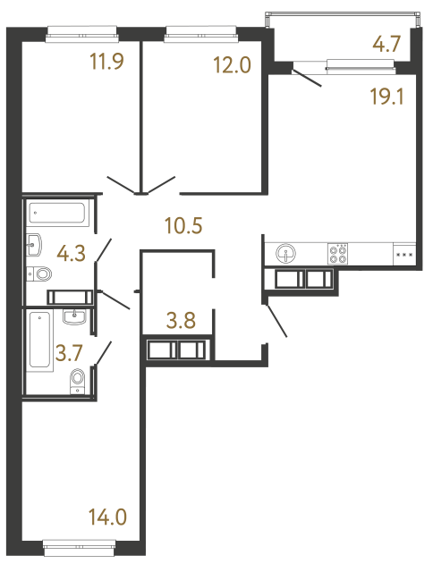 Трёхкомнатная квартира №186 в ЖК Передвижники - 79.3 м²  - №2