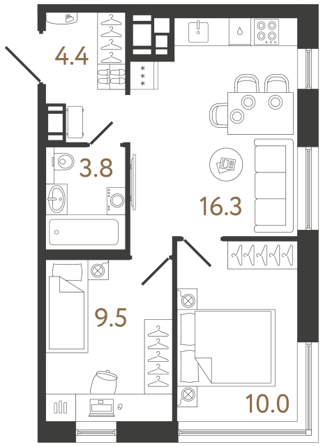 Двухкомнатная квартира №338 в ЖК Передвижники 2 - 44 м²