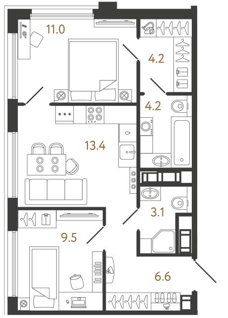 Двухкомнатная квартира №429 в ЖК Гений - 52 м²