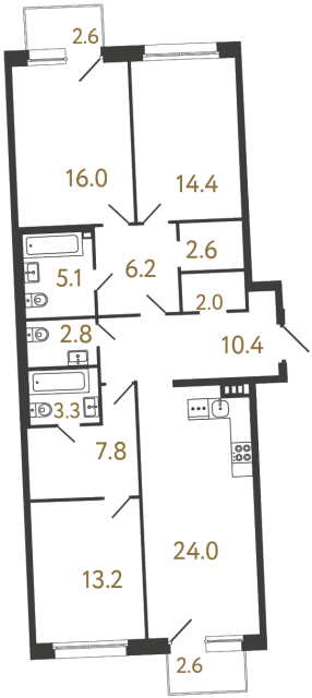 Трёхкомнатная квартира №36 в ЖК Цвет Зеленогорска - 107.8 м²  - №2