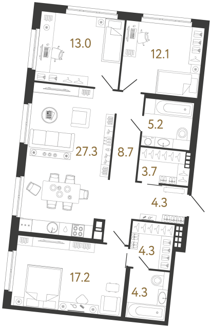 Трёхкомнатная квартира №158 в ЖК Визионер - 100.1 м²