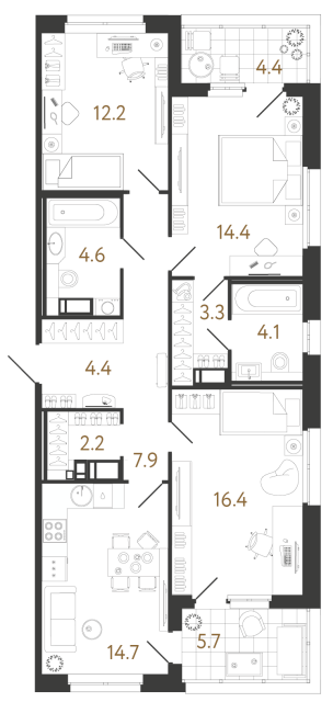 Трёхкомнатная квартира №187 в ЖК Литера - 84.2 м²