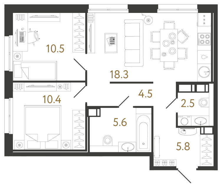Двухкомнатная квартира №924 в ЖК Струны 2 оч. - 57.6 м²