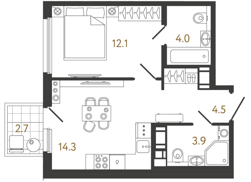 Однокомнатная квартира №907 в ЖК Гений - 38.8 м²