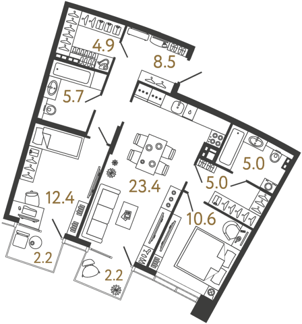 Двухкомнатная квартира №62 в ЖК Цвет Зеленогорска - 75.5 м²