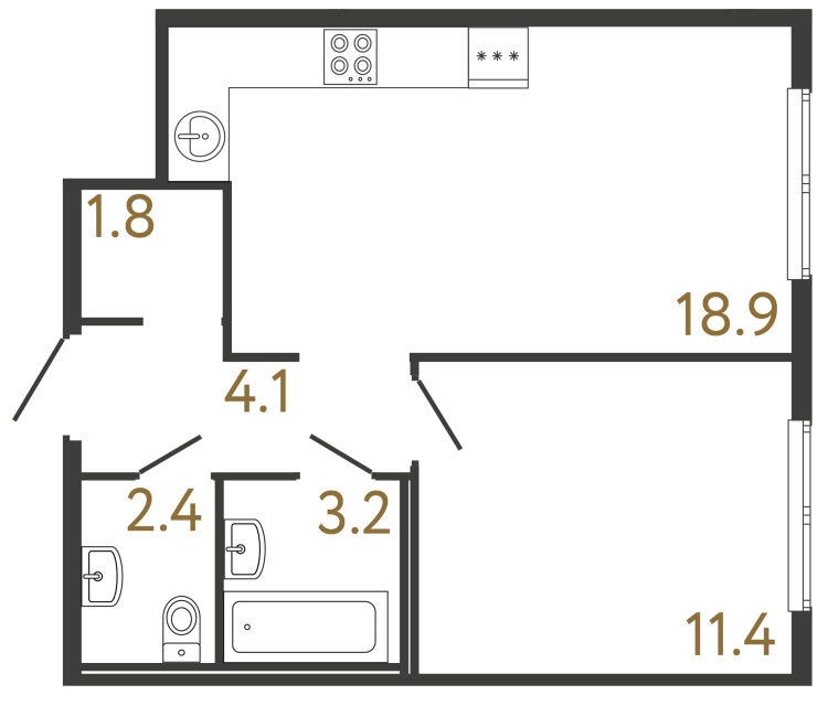 Однокомнатная квартира №193 в ЖК Передвижники - 41.8 м²  - №2