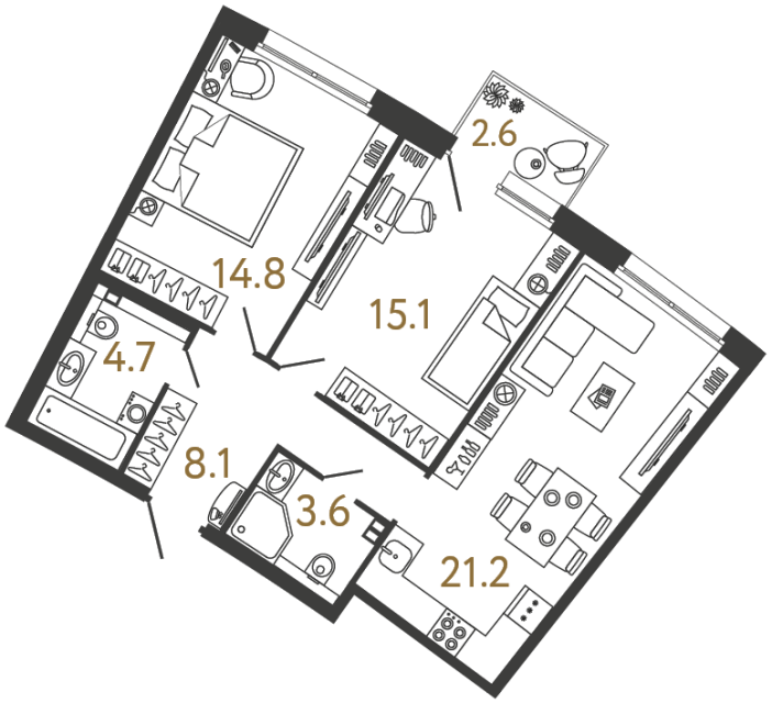 Двухкомнатная квартира №58 в ЖК Цвет Зеленогорска - 67.5 м²