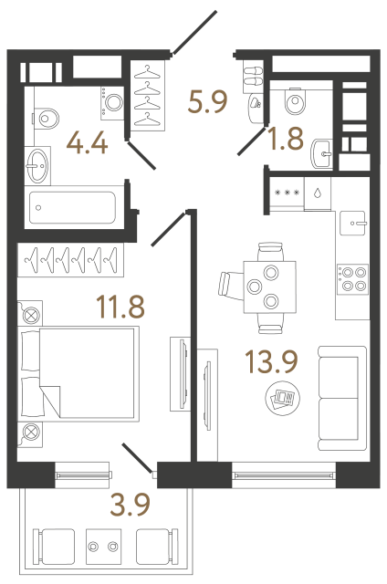 Однокомнатная квартира №260 в ЖК Передвижники 2 - 37.8 м²