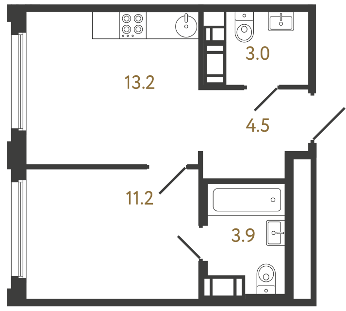 Однокомнатная квартира №334 в ЖК Гений - 35.8 м²  - №2