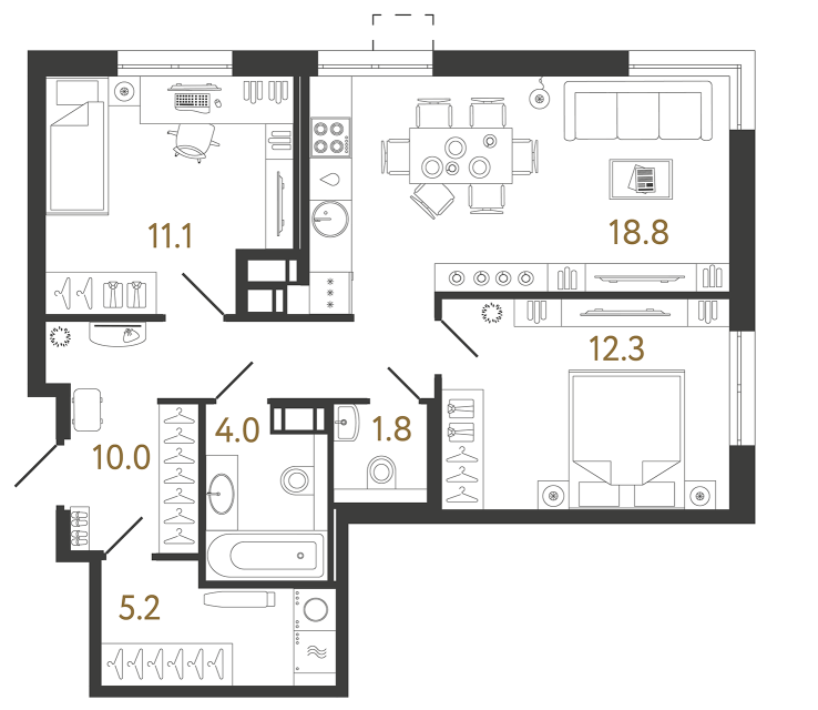 Двухкомнатная квартира №540 в ЖК Струны - 63.2 м²
