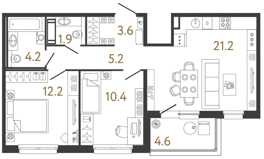 Двухкомнатная квартира №156 в ЖК Передвижники - 58.7 м²