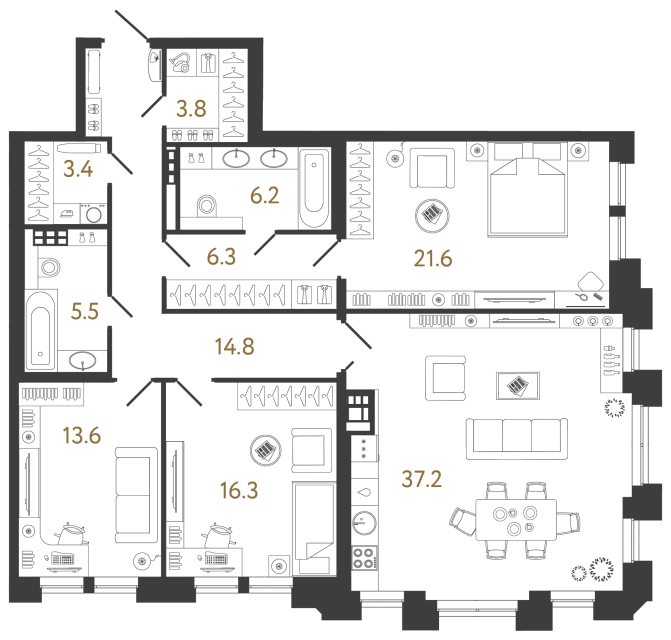 Трёхкомнатная квартира №40 в ЖК Коллекционер - 128.7 м²