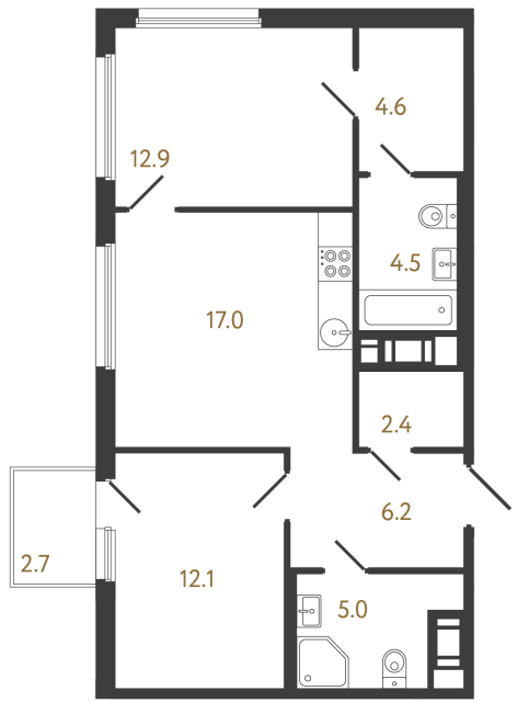 Двухкомнатная квартира №913 в ЖК Гений - 64.7 м²  - №2