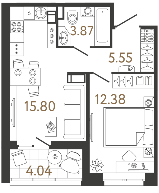 Однокомнатная квартира №616 в ЖК Ultra City 3 - 37.6 м²
