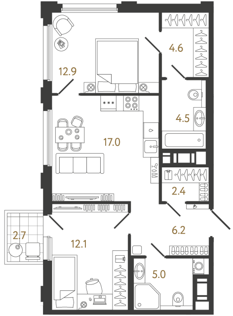 Двухкомнатная квартира №869 в ЖК Гений - 64.7 м²